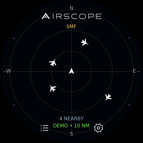 AirScope radar with synthetic aircraft and range rings.